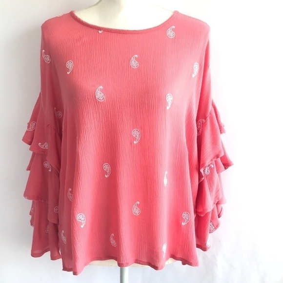 Liz Claiborne Pink/White Ruffle Sleeve Blouse Top - Picture 1 of 8